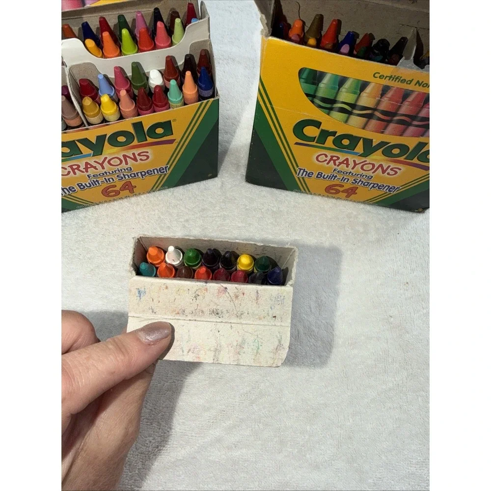 Vtg CRAYOLA 64 BOX Crayons LOT OF 2 Sharpener Retired Colors MOSTLY UNUSED Extra